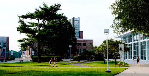 students walking across campus