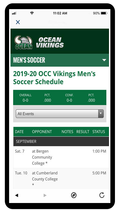screen shot of athletics page on OCC app