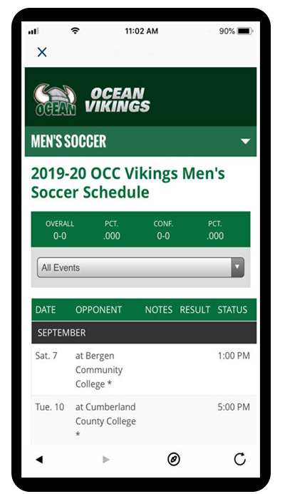 screen shot of athletics page on OCC app