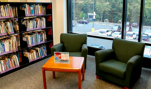 sitting area in the library next to bookshelf