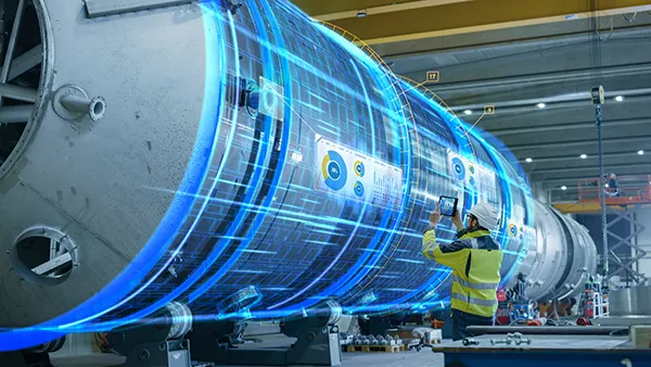 Man in the workplace projecting digital elements on industrial equipment.