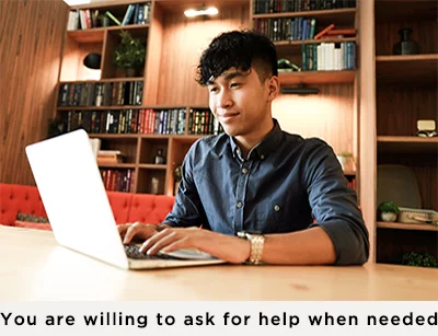 Student waving to classmates on a laptop. The caption reads "You are willing to ask for help when needed."