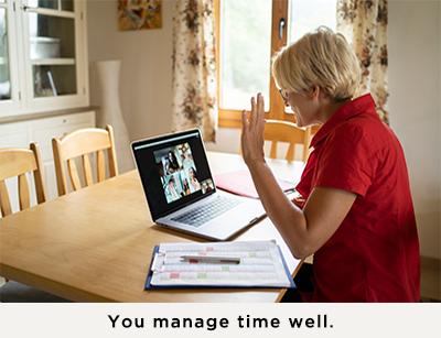 Student waving to classmates on a laptop. The caption reads "You manage time well."