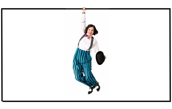 Promotional image of Paula Poundstone hanging from the top of the image