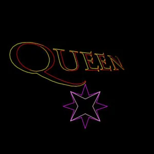 "QUEEN" in glowing red and yellow letters with a pink-outlined star below, on a black background.