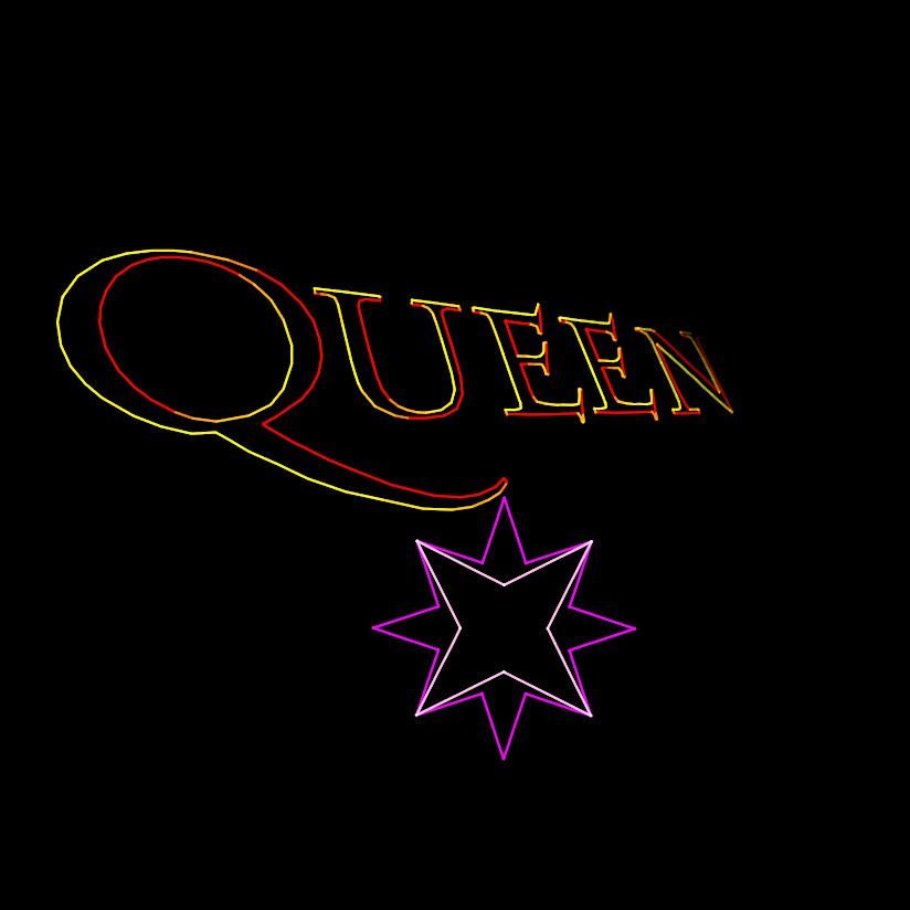 "QUEEN" in glowing red and yellow letters with a pink-outlined star below, on a black background.
