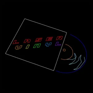 Minimalist design of a vinyl record and cover with neon text "LASER VINYL" on a black background.
