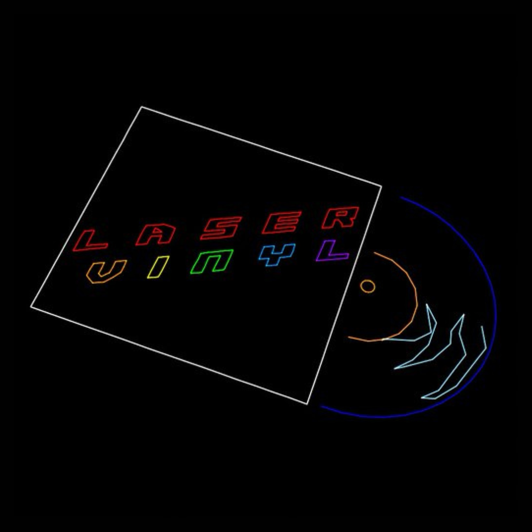 Minimalist design of a vinyl record and cover with neon text "LASER VINYL" on a black background.