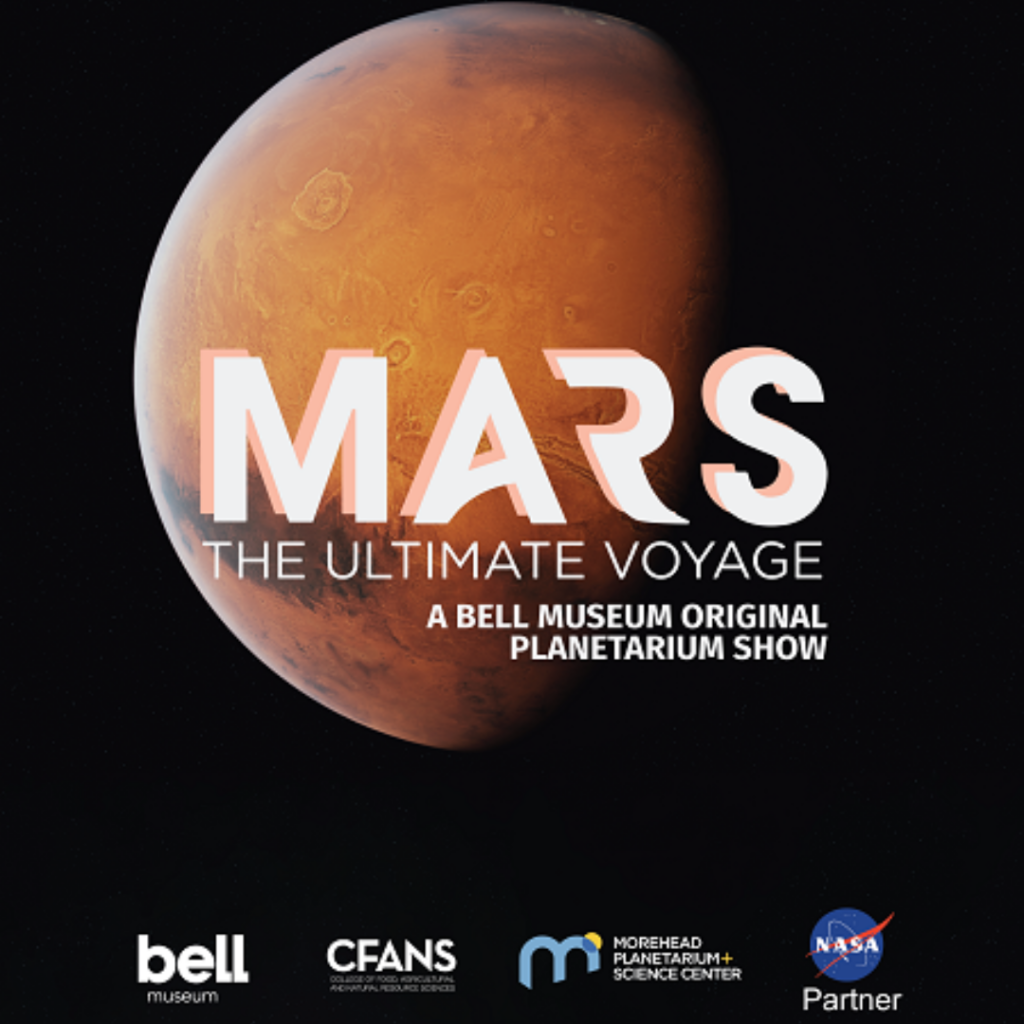 Artistic rendering of Mars with overlaid text about a planetarium show.