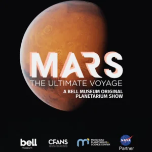 Artistic rendering of Mars with overlaid text about a planetarium show.