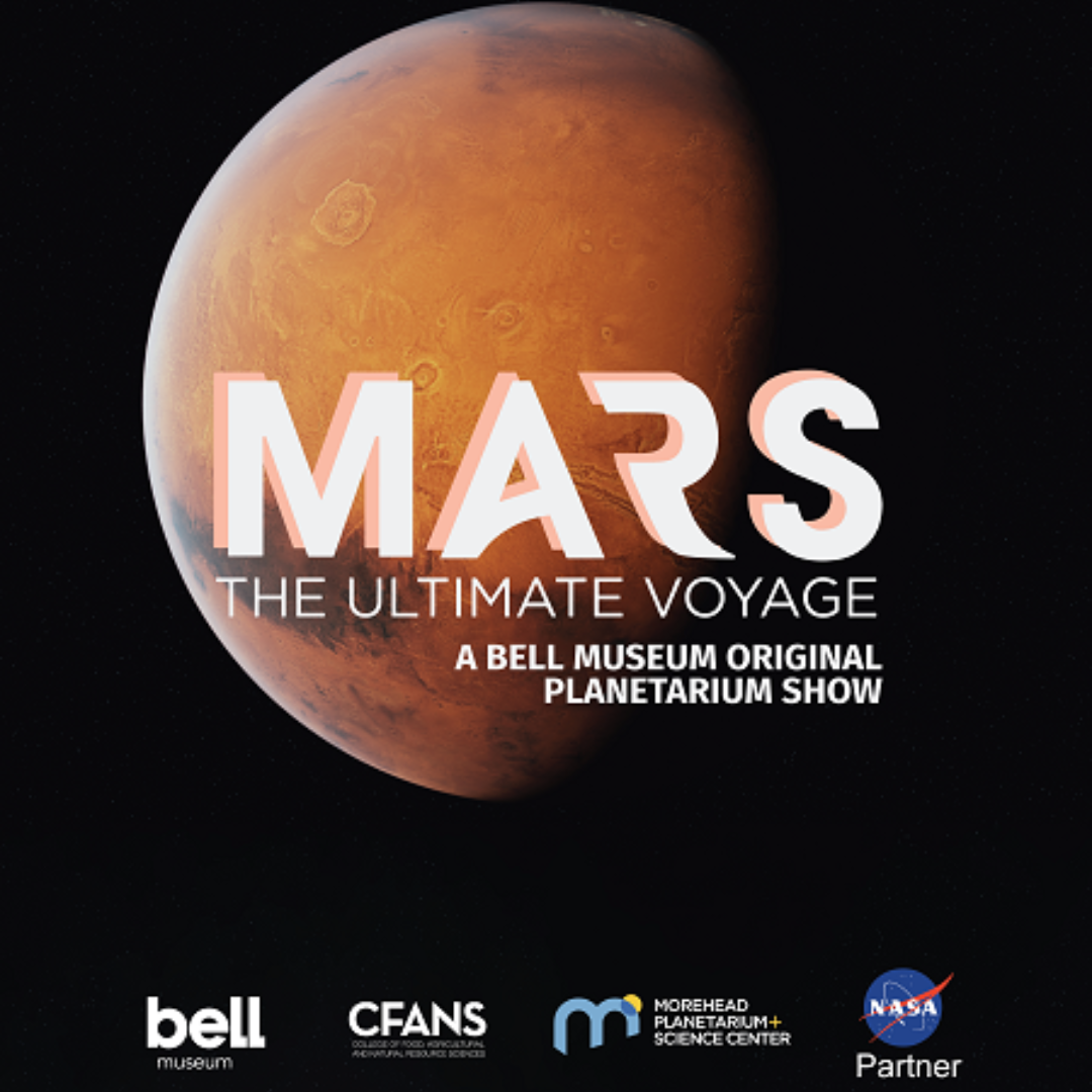 Artistic rendering of Mars with overlaid text about a planetarium show.