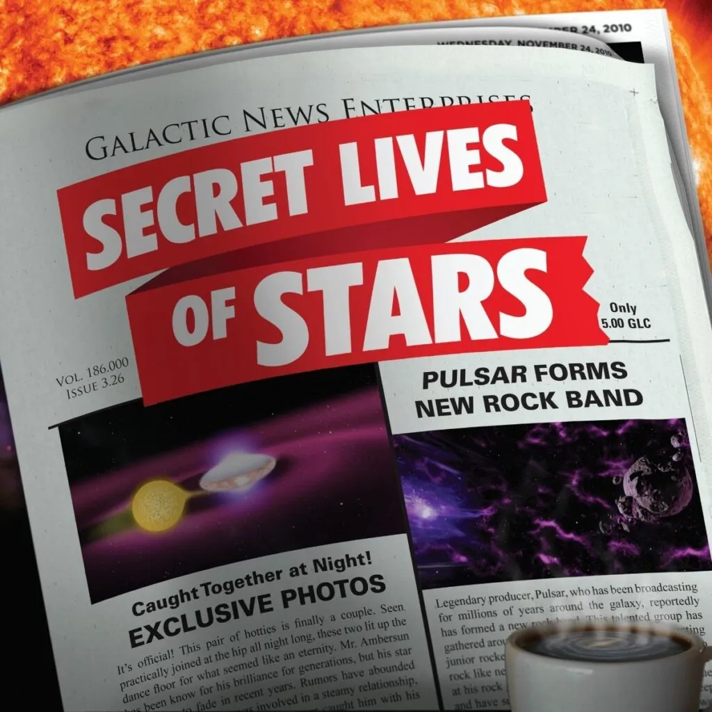 Newspaper with headline "Secret Lives of Stars"; depicts celestial-themed articles.