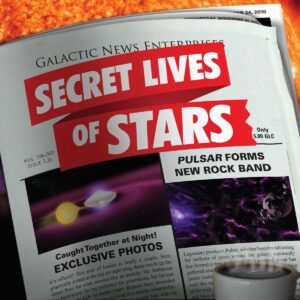 Newspaper with headline "Secret Lives of Stars"; depicts celestial-themed articles.