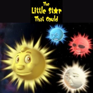 Animated stars with faces, including a central yellow star, surrounded by blue, red, and white stars on a starry background.