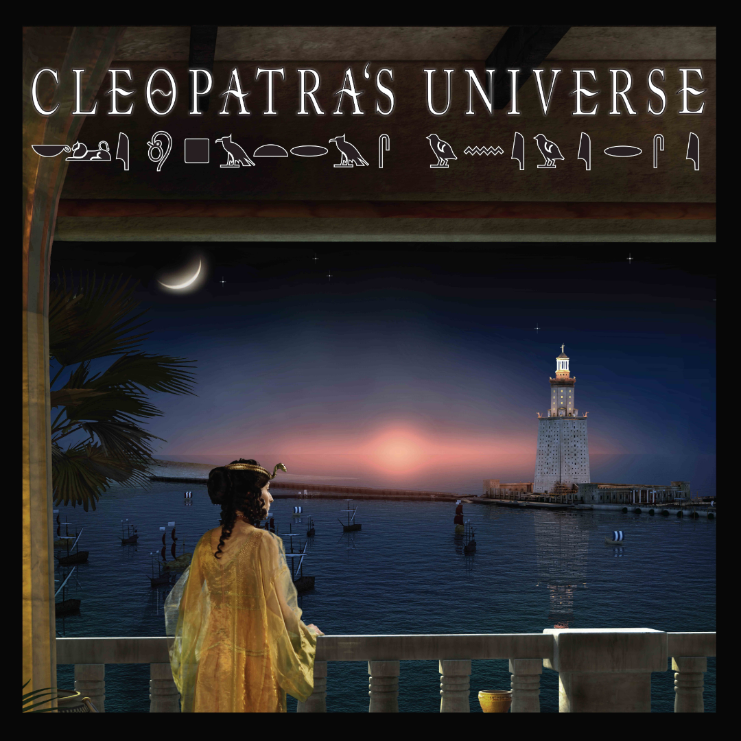 A person in ancient attire gazes at the ocean from a balcony, with a lighthouse and boats in the background under a crescent moon.