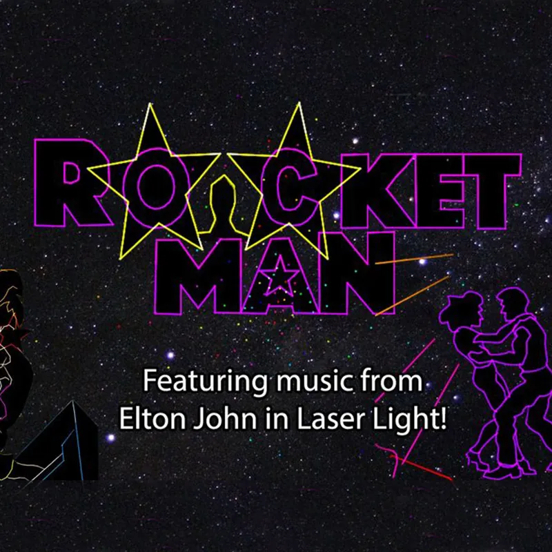 "Rocket Man text and neon outlines against a starry background featuring dancing figures and Elton John's music."