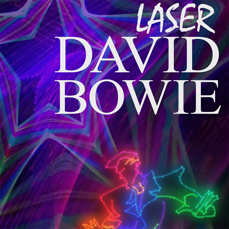 A colorful, abstract image with the text "Laser David Bowie" and neon light patterns.
