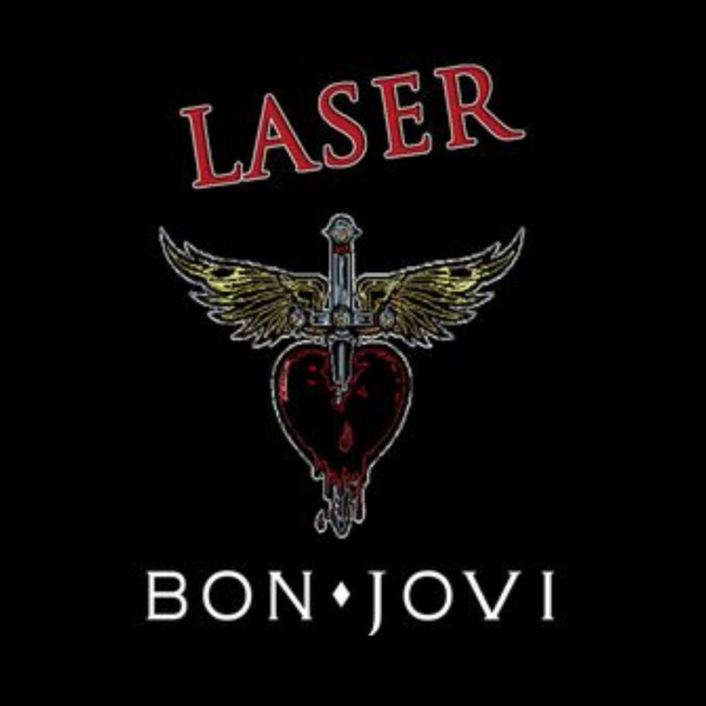 A black background with a heart pierced by a winged dagger, with "LASER" above and "BON JOVI" below.