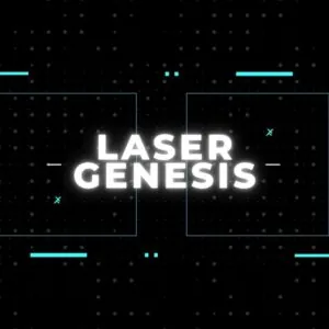 "LASER GENESIS text on a black background with dots and blue geometric accents."