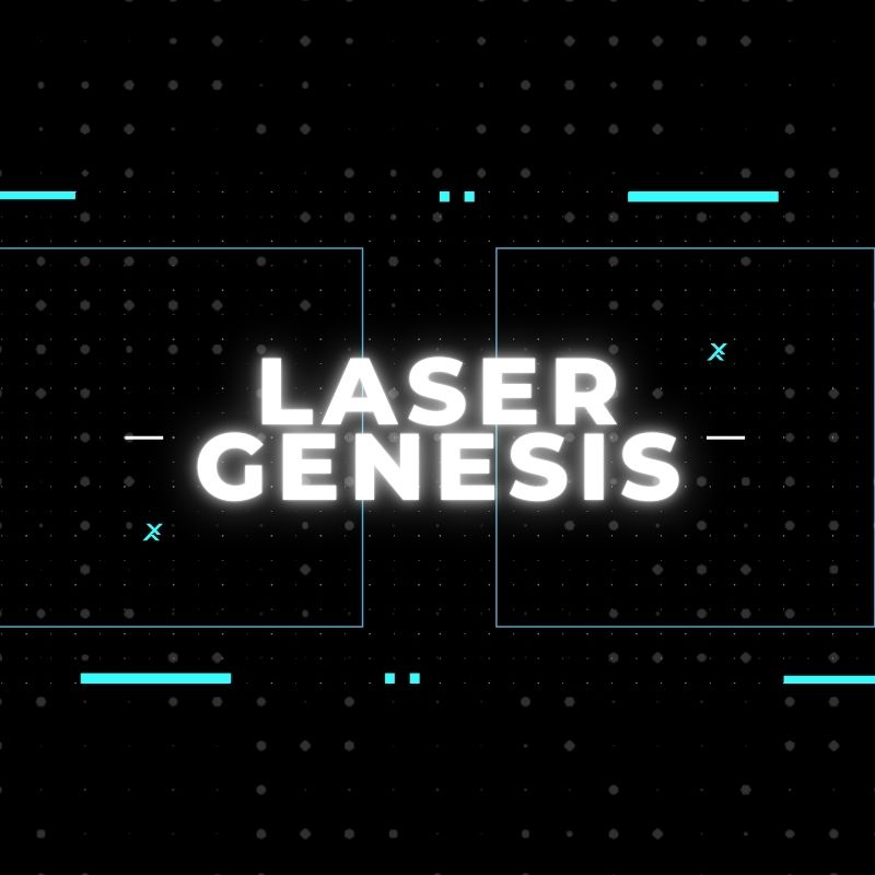 "LASER GENESIS text on a black background with dots and blue geometric accents."