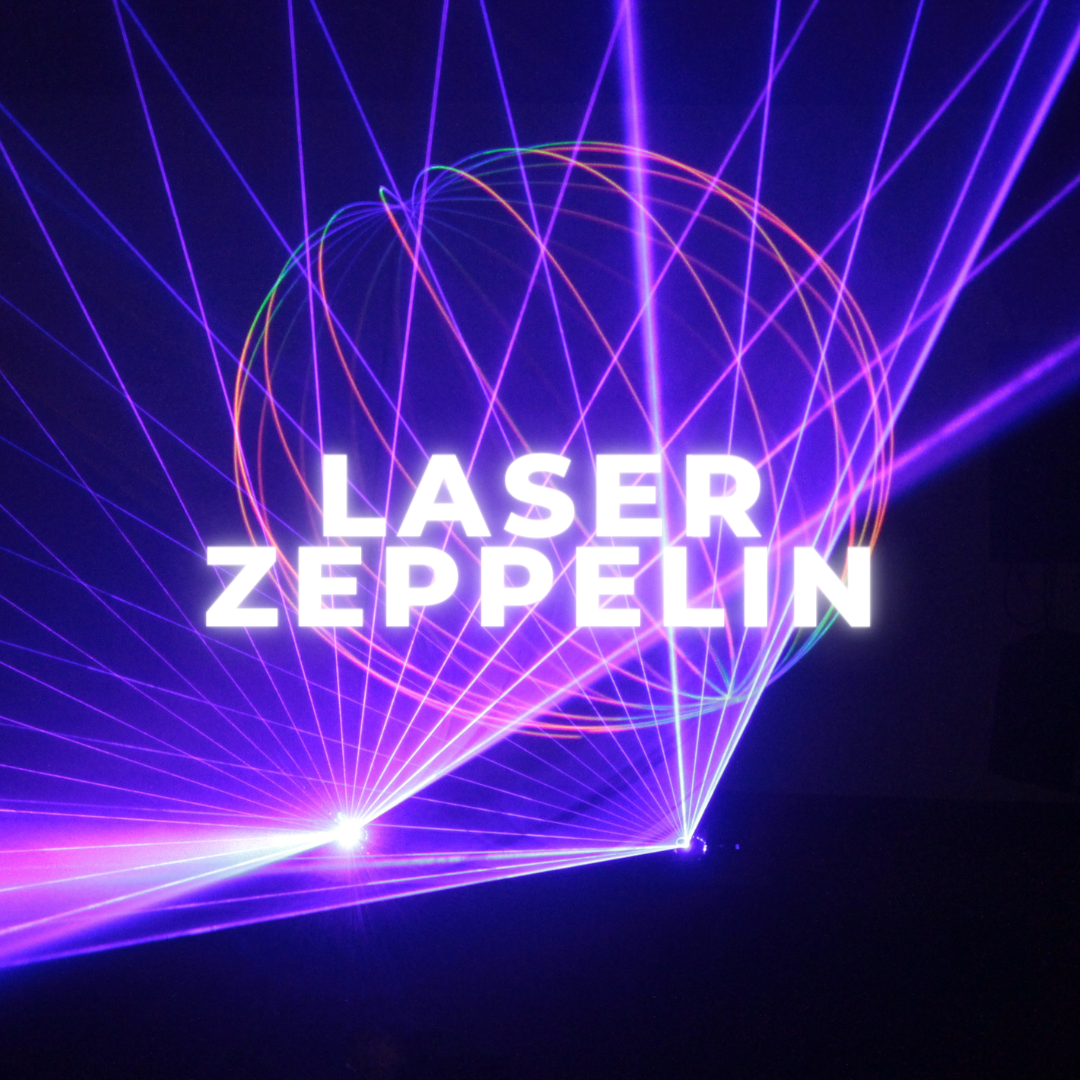 Colorful laser beams against a dark background with "LASER ZEPPELIN" text.