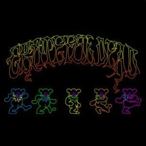 "Neon 'Grateful Dead' text with colorful dancing bears on black background."