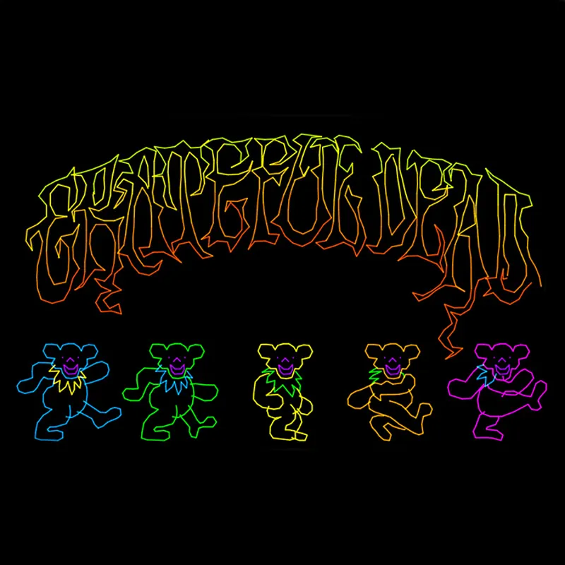 "Neon 'Grateful Dead' text with colorful dancing bears on black background."