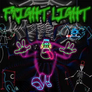 Neon illustration of a Halloween scene with a central Frankenstein figure, a skeleton, UFO, and the text "FRIGHT LIGHT."