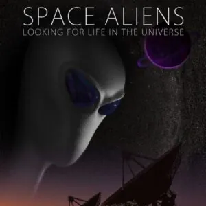 An alien figure with satellite dishes against a space background.