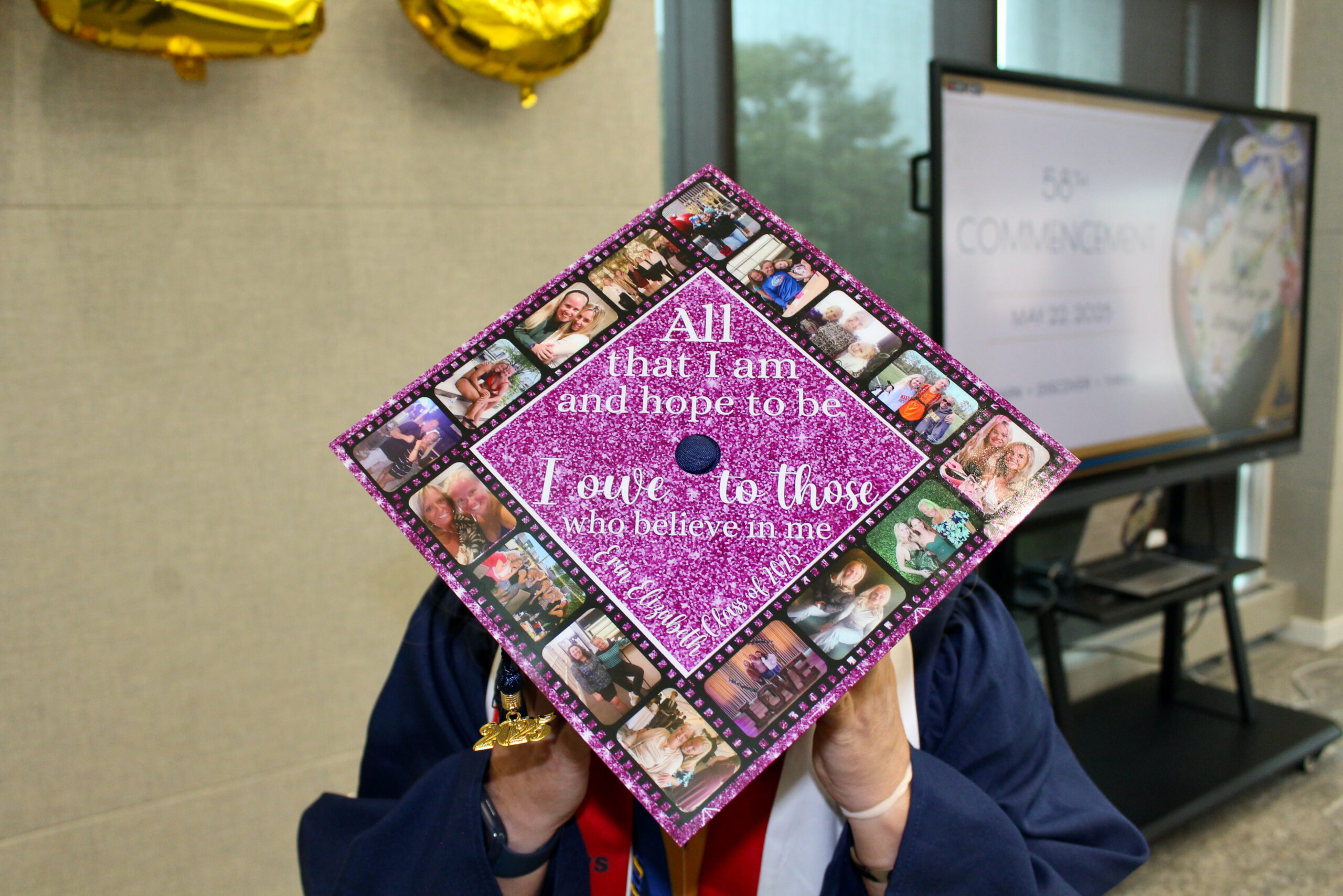 graduation cap decorated with photos and a quote