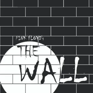 Black brick wall pattern with a white circle in the center and hand-drawn text.