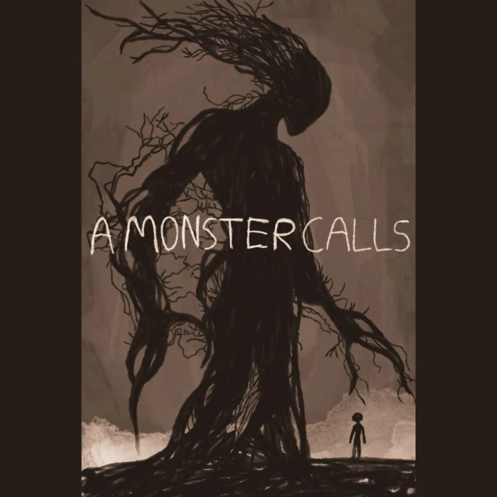 Shadowy tree-like monster towering over a small human figure with the text "A Monster Calls."