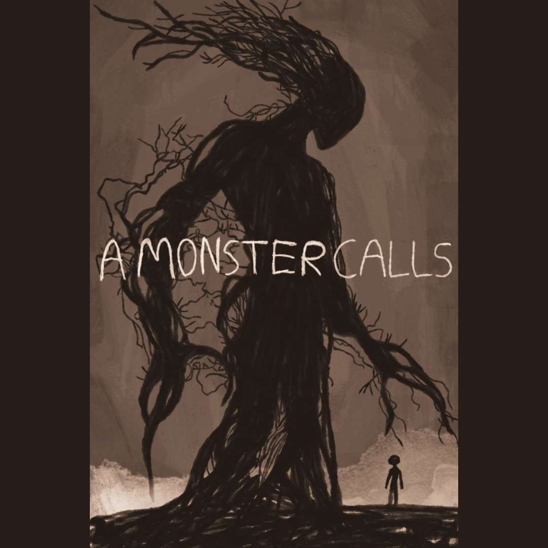 Shadowy tree-like monster towering over a small human figure with the text "A Monster Calls."