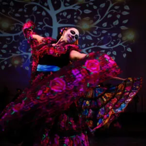 A dancer in colorful traditional dress and face paint performs on stage against a backdrop of a stylized tree.