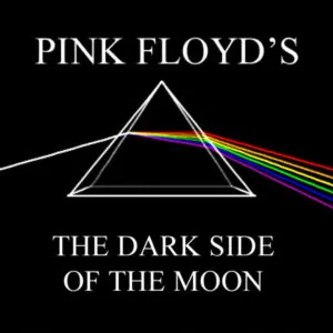 "Pink Floyd's The Dark Side of the Moon cover art with prism and rainbow."