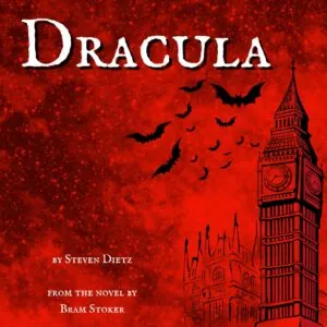 A captivating red and black poster with bats and Big Ben, titled "DRACULA."