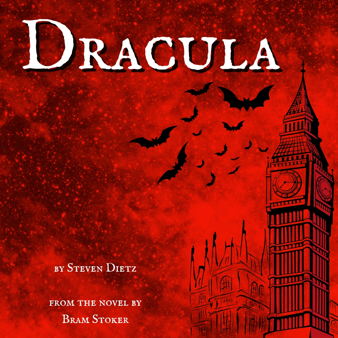 A captivating red and black poster with bats and Big Ben, titled "DRACULA."