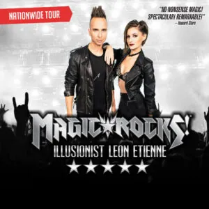 Promotional poster with illusionists in leather jackets, title "Magic Rocks!", and concert background.