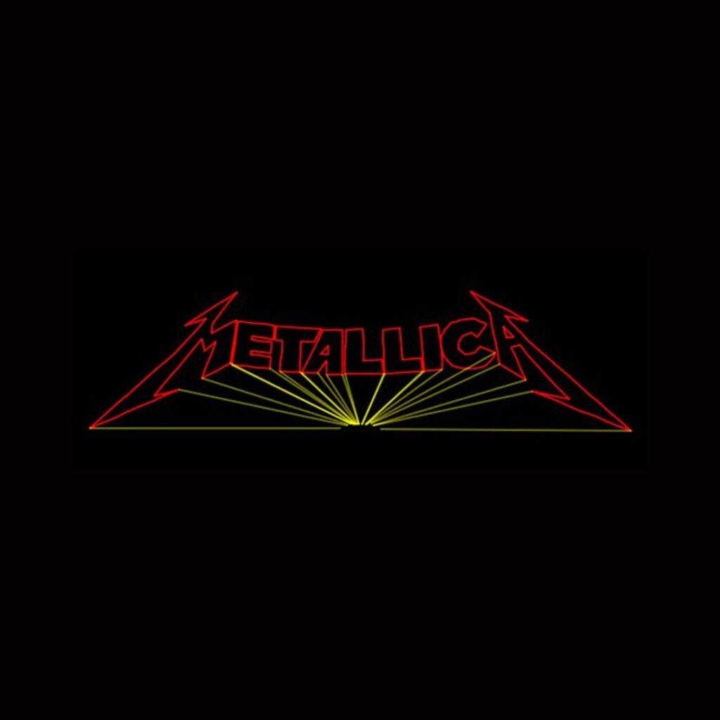 Stylized 'METALLICA' text outlined in red with yellow lines on a black background.