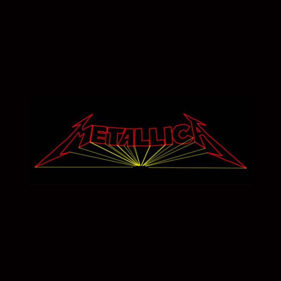Stylized 'METALLICA' text outlined in red with yellow lines on a black background.