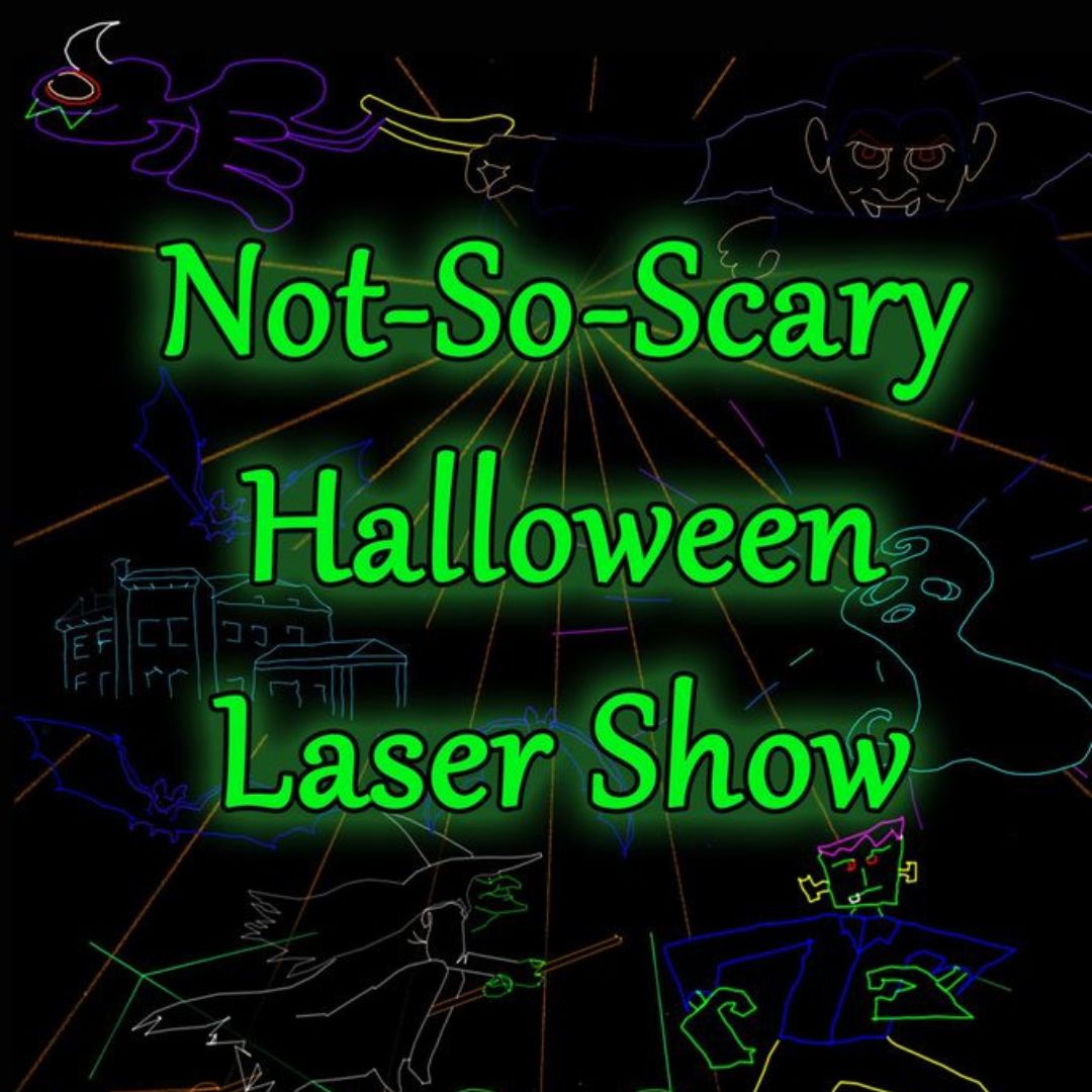 Promotional image for a "Not-So-Scary Halloween Laser Show" with neon Halloween illustrations.