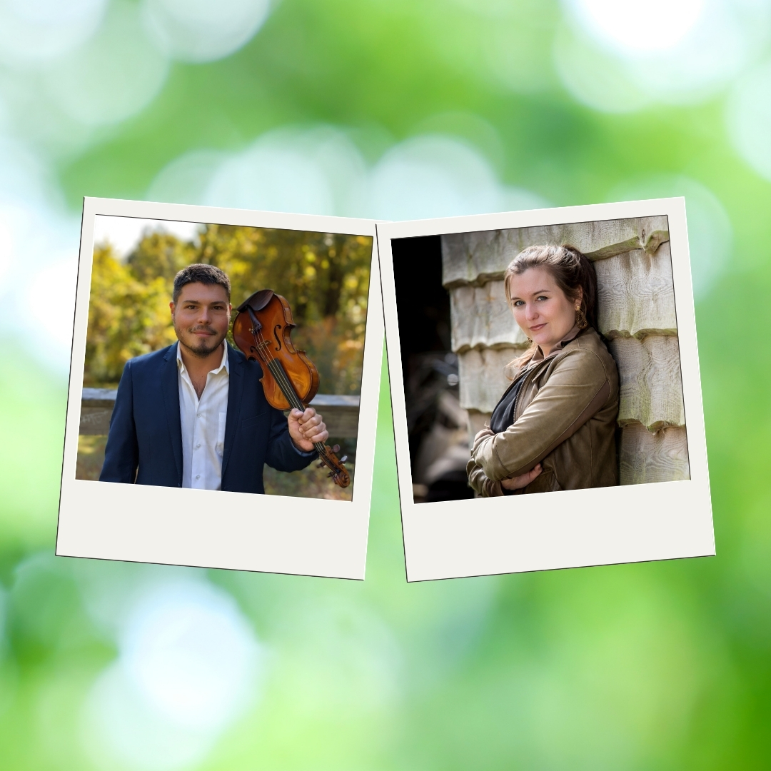 Two Polaroid photos on a green bokeh background; one of a man holding a violin, and the other of a woman leaning against a stone wall.