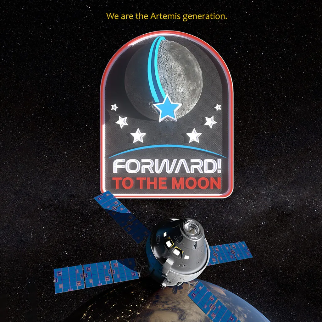 Spacecraft orbiting a planet with a moon emblem and text reading "Forward! To the Moon."