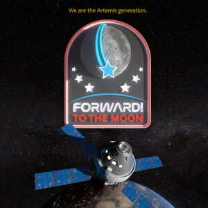 Spacecraft orbiting a planet with a moon emblem and text reading "Forward! To the Moon."