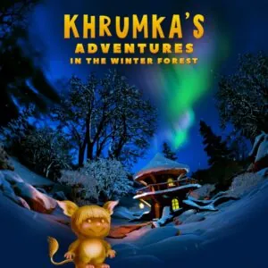 A whimsical winter night scene with a small, furry creature, a cozy house, and colorful aurora lights.