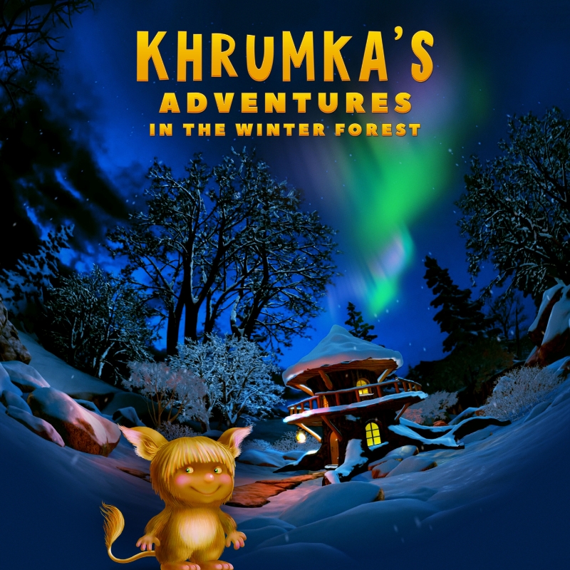 A whimsical winter night scene with a small, furry creature, a cozy house, and colorful aurora lights.