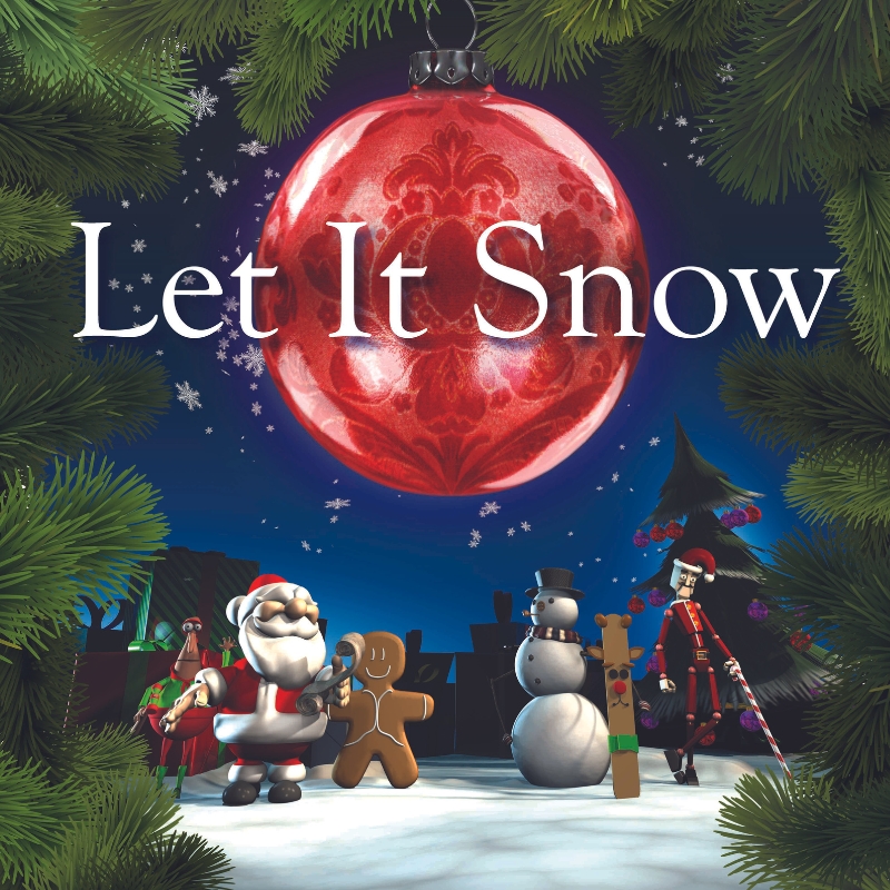Festive holiday scene with "Let It Snow" on a red ornament, surrounded by Christmas characters and greenery.