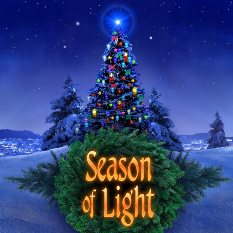 A brightly lit Christmas tree under a starry sky with "Season of Light" text in the foreground.