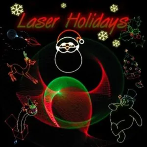 A festive holiday-themed image with laser-like illustrations of Santa, a reindeer, a snowman, and a Christmas tree.