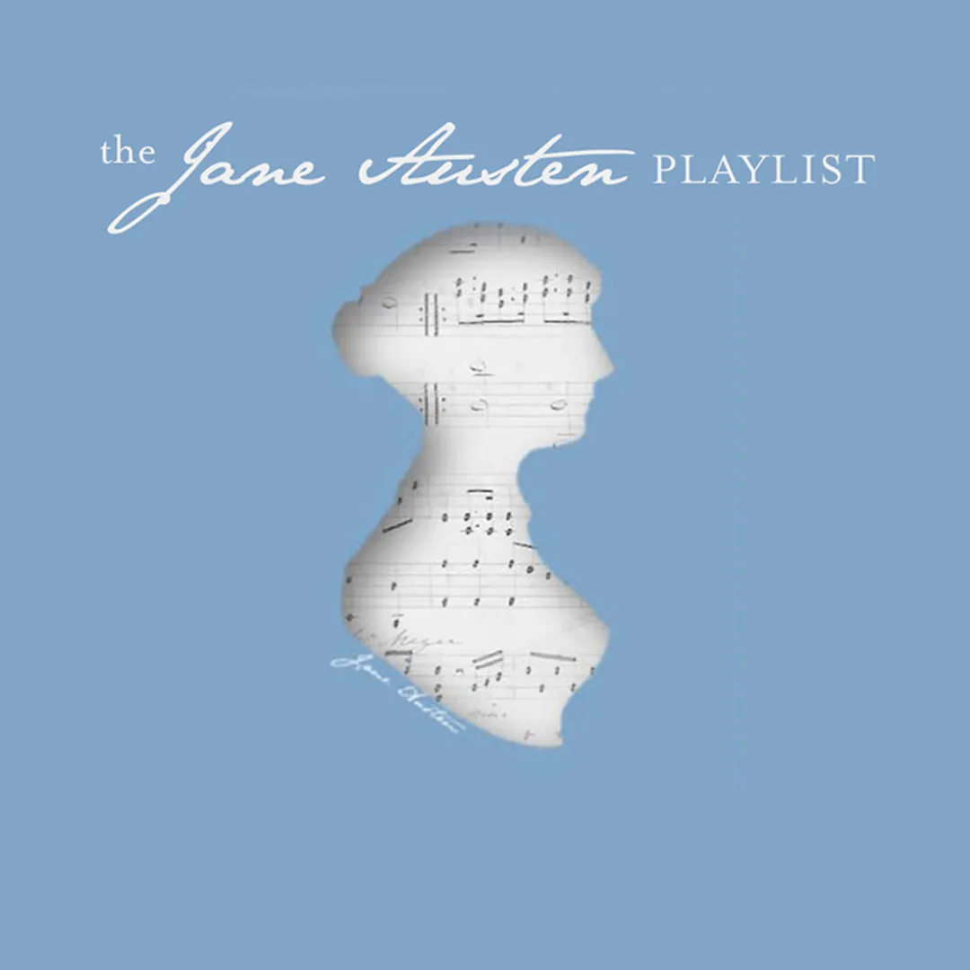 Silhouette of a woman's profile filled with sheet music on a blue background with "the Jane Austen PLAYLIST" text.